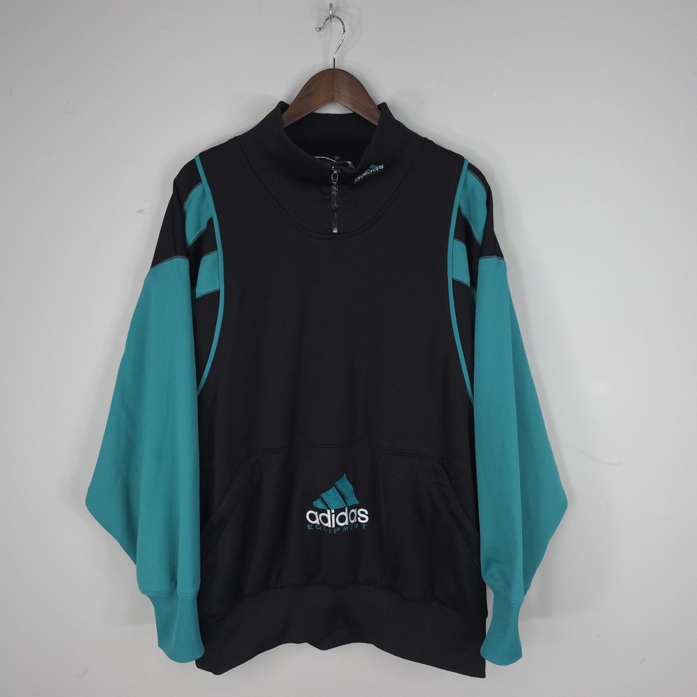 Vintage Adidas Equipment Sweatshirt Mens XL Black Teal 1/4 Zip Mock Logo 90s